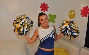 18-19 year old cheerleader with good cherry gets tired of dancing and besides goes jerking off
