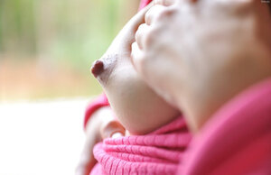 Spicy pregnant floozy manifests her milky tits & huge belly under pink dress