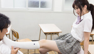 Japanese kitten in shirt & skirt gives a footjob to classmate & soon he cums