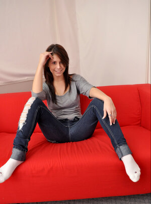Kinky brunette 18-19 year old teases by undressing slowly and besides flaunting her perky tush