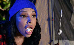 Dark haired broad and her aroused familiar have an intercourse during camping