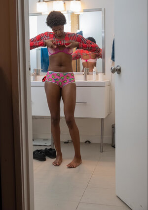 Tiny tits ebony babe showing her long legs and teasing also