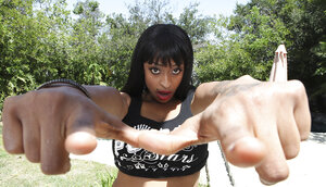 Black huge busted Carmen takes off her red lingerie to pose nude