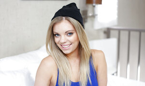 Blonde first-timer Trisha Parks has fun modeling non-nude in onesie and moreover hat