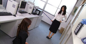 Oriental broad Yuka Tsubasa exposes her twat and rubs it at work